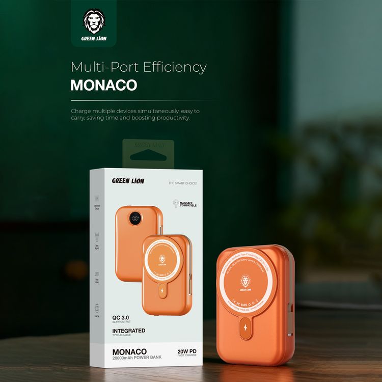 Green Lion 20000mAh Monaco MagSafe Power Bank with Built-in Type-C Cable, LCD Display, 20W Power Delivery, Magnetic Attraction, Compact Design - Orange