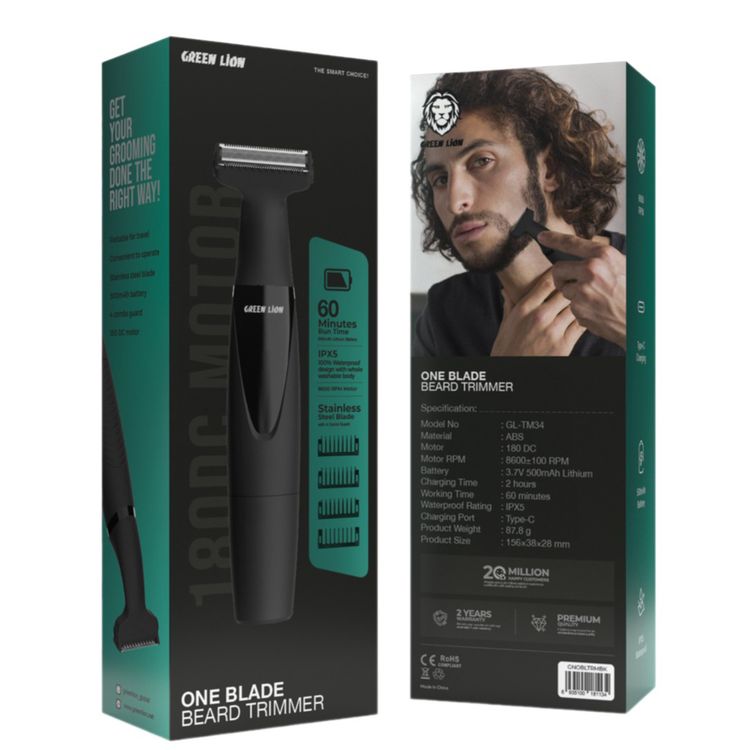Green Lion One Blade Trimmer with 4 Comb Guards, Stainless Steel Blade, 8600 RPM, Waterproof, Travel-Friendly & Portable, 120 Minutes Working Time - Black