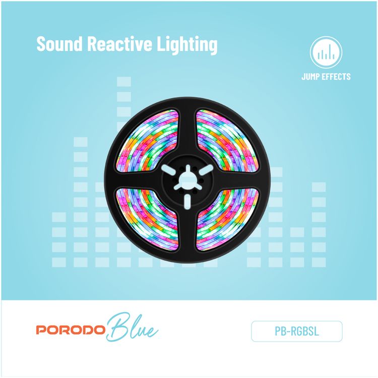 Porodo Blue RGB Light Strip with Sound Reactive Lighting, 5m Length, Jump & Fade Effects, Remote Control - Black
