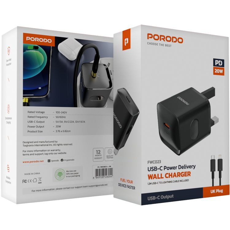 Porodo شاحن حائط بقوة 20 واط (UK) مع كابل Type-C إلى Lightning، حماية من الحرارة الزائدة، محمول - أسود