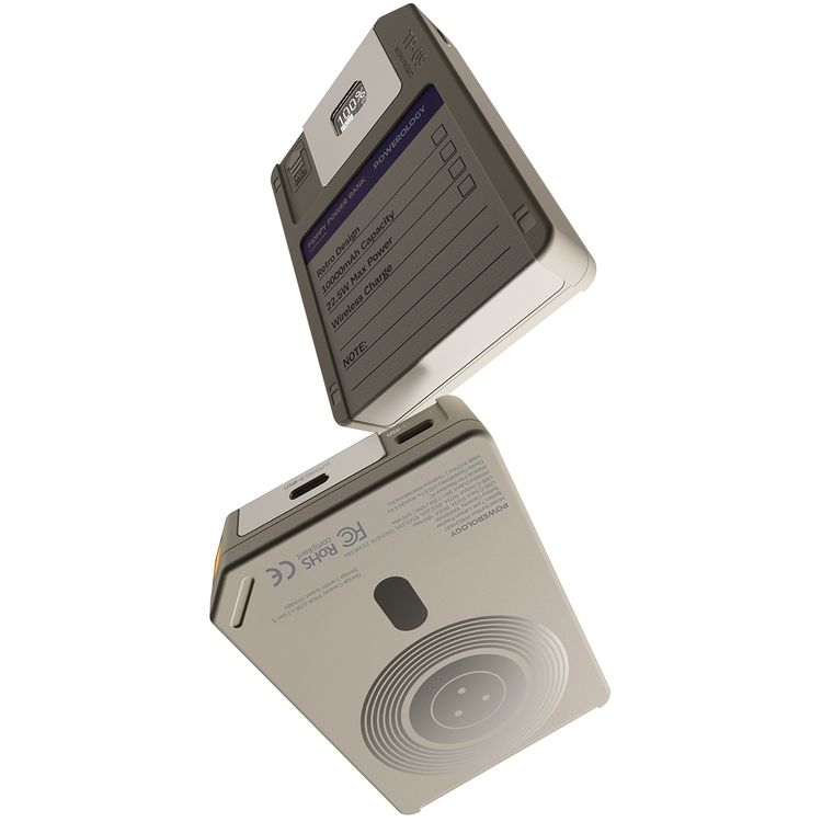 Powerology Floppydisk Retro 10000mAh MagSafe Powerbank with OLED Display Screen, Multi-Protocol Fast Charging, Universal Compatibility, 64GB Storage Capacity, High-Speed Data Storage, Fire-Resistant PC Material - White