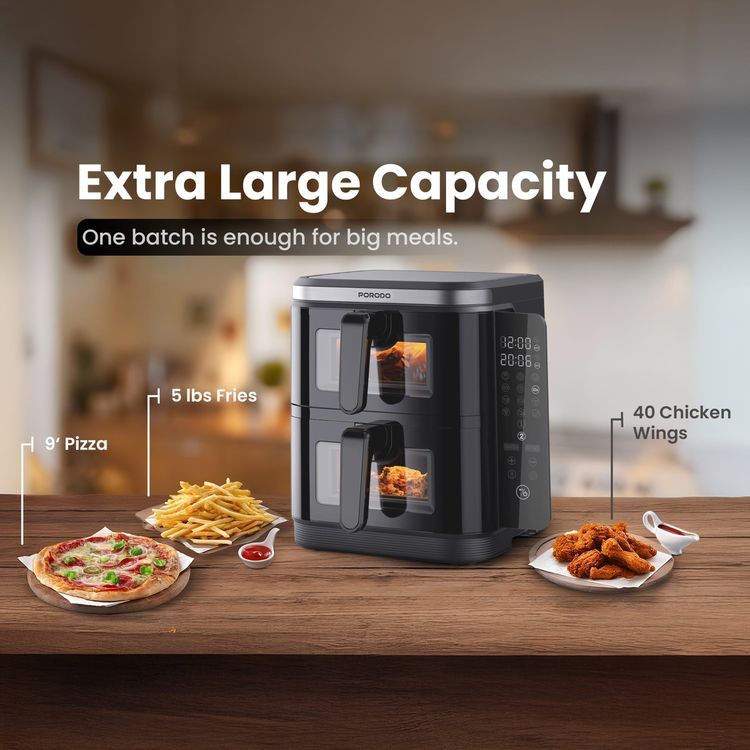 Porodo Lifestyle Double Stack Air Fryer, 11L Capacity, 2800W Power, 220-240V Voltage, 50-60Hz Frequency, 12 Presets, Touch Control - Black
