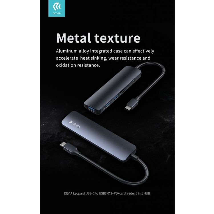 Devia Leopard 5 in 1 HUB Adapter Type-C (USB 3.0*3+PD+Cardreader) Lightweight Multi-port Adapter with Metal Texture - Wear & Oxidation Resistance - High Speed Transmission - Gray