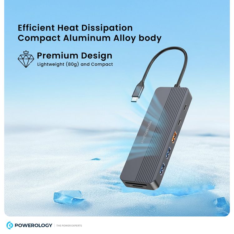 باورولوجي محور USB-C متعدد المنافذ 12 في 1 مع وضع عرض متعدد، توافق عالمي، شحن مرور، توصيل وتشغيل، مخرج فيديو مزدوج، تصميم مدمج من الألومنيوم.