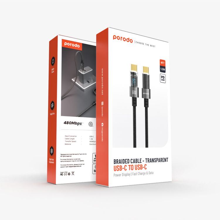 Porodo Transparent Braided USB-C to USB-C Cable for Charging & Data Transferring, High-Grade Components, Tangle Free, 480 Mbps Data Transfer Speed - Black