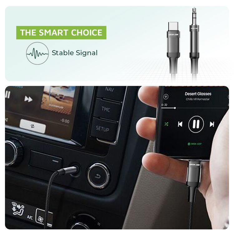 Green Lion USB-C to AUX Braided Cable with 10000 Bends Lifespan, 1m Cable Length, Stable Signal, Copper Core, Transparent + Braided - Black