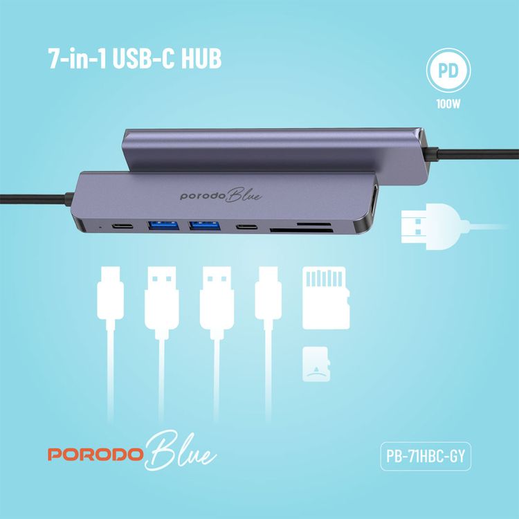 Porodo Blue 7 Ports USB-C HUB 4K HDMI & Dual USB-C, 100W PD, Card Reader, Plug and Play, Hot Swappable, Windows/Mac OS/Android - Gray