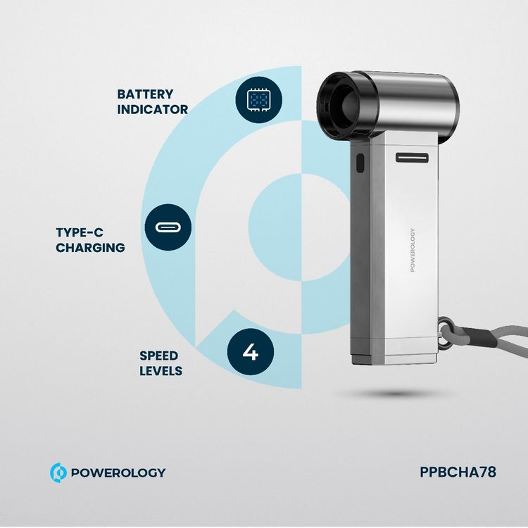 مروحة ومكنسة باورولوجي تيربو جيت مع 4 مستويات سرعة، مؤشر بطارية، تصميم محمي ببراءة اختراع، عمر بطارية ممتد، منفذ شحن Type-C - فضي