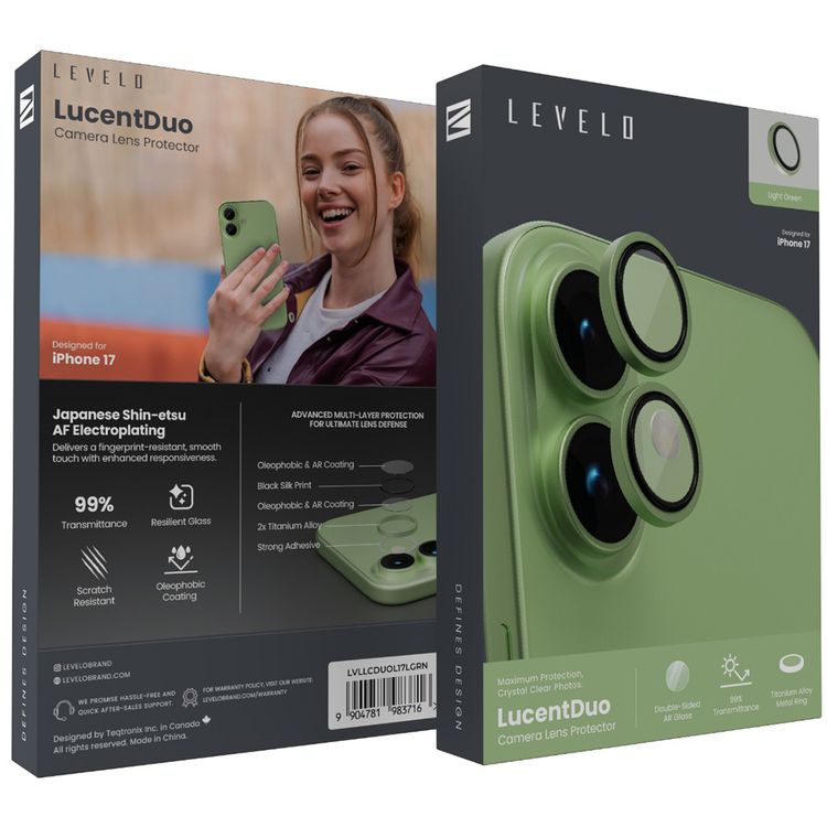 Levelo LucentDuo Camera Lens Protector with 99%  Transmittance for iPhone 17, Anti-Fingerprint, Anti-Scratch, Double-Sided AR Glass, Oleophobic Coating, Multi-Layer Protection, Strong Adhesive - Light Green