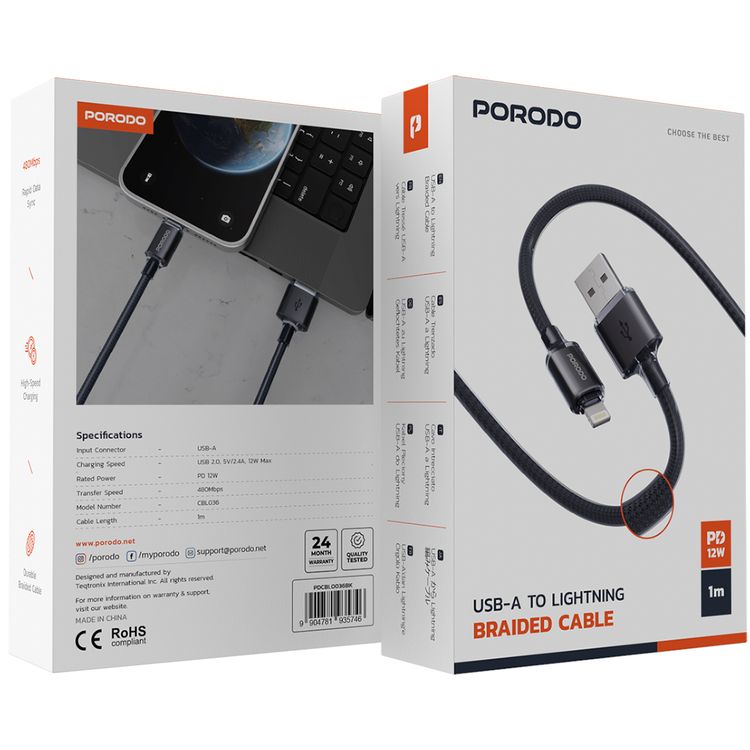 Porodo USB-A to Lightning Braided Cable with 12W Power Delivery, 1m Cable Length, Fast Charge & Data Transfer, Tangle-Free Design, 480Mbps Data Transfer Rate - Black