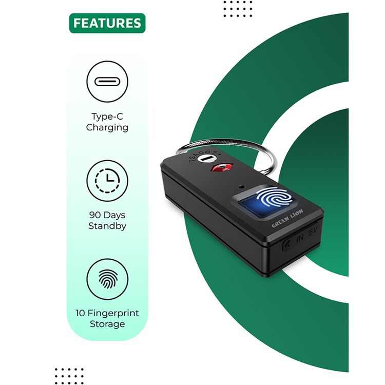 Green Lion Mini Fingerprint Padlock with Anti-Theft Protection, 10 Fingerprint Sets, Red, Blue & Green Indicator Lights, 90 Days Standby Time - Black