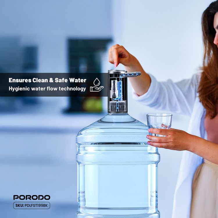 Porodo Lifestyle Foldable Electric Water Pump with 1200mAh Battery Capacity, 6000RPM Motor Speed, 4W Rated Power, 4-18.9L Bucket Capcacity, Quantative Pumping, Rechargeable Battery, Digital Display, Compact & Portable - Black