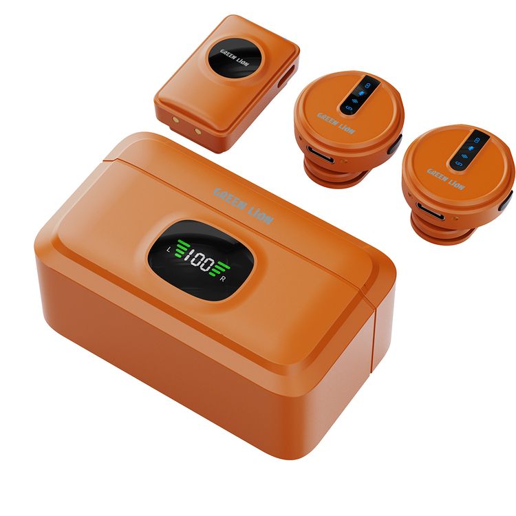مايكروفون لاسلكي Green Lion GLM Lite مع إلغاء الضوضاء البيئي، ×2 ميكروفونات، مستقبل واحد، يعمل لمدة تصل إلى 7 ساعات، التقاط بزاوية 360°، مدمج ومحمول، مسافة نقل تصل إلى 20 متر، واجهة USB-C، علبة شحن 4 مرات - برتقالي