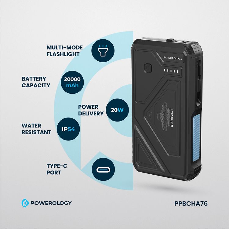 Powerology 20000mAh Solar Wireless Charging Power Bank with Simultaneous Charging, Multi-Mode Flashlight, 0% - 65% Charging in 35 Minutes, 70mm Cable Length - Black