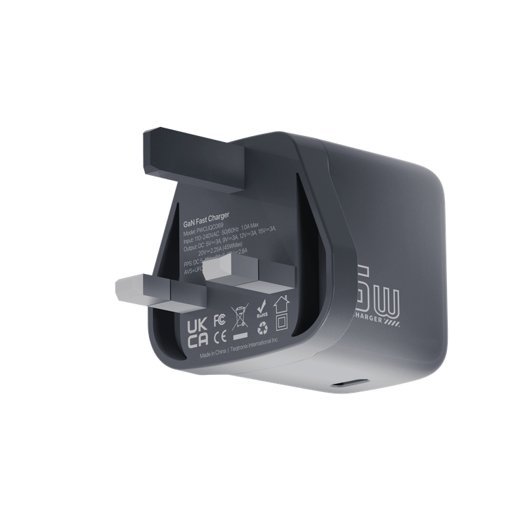 Powerology Voltflow 45W AVS GaN Wall Charger with Smart TFT Display, UK 3-Pin Plug, Rapid Power Delivery, AI Temperature Control, 110-240V Rated Voltage, 1A Rated Current, UK 3-Pin Plug,  25°C to 50°C  Operating Temperature - Gray