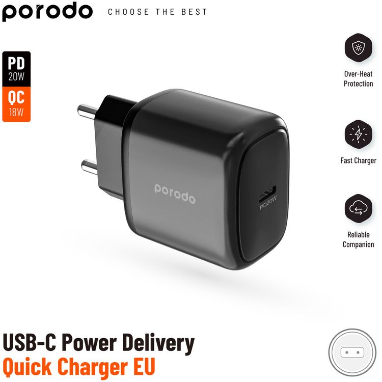 Porodo EU Quick Charger with 1.2m USB-C to Lightning Cable, 20W Power Delivery, Overheat Protection, Simultaneous Charging, 0%-60% Charge in 35 Minutes - Black