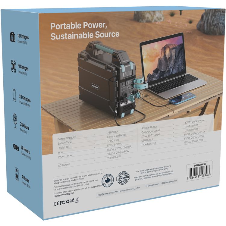 Powerology 76800mAh 300W Portable Power Generator Integrated Solar Panel, 18W QC 3.0, PD 60W, Car Charger Output 10A, 60W Type-C Input - Black