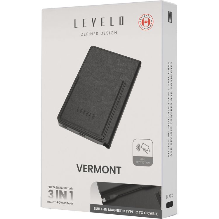 Levelo Vermont 3-in-1 Portable Wallet Power Bank,  5000mAh Battery Capacity, Lithium - ion Battery, Aluminum + PU Leather Finish Material, Fast Charging - Black