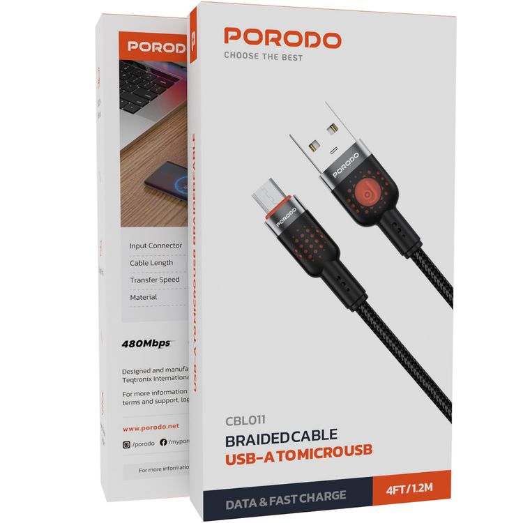 Porodo Braided USB-A to Micro USB Cable with 480Mbps Transfer Speed, 1.2m Cable Length, More than 15,000 Bends Lifespan, Tangle-Free Design - Black