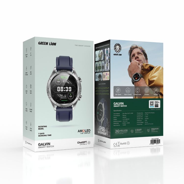 Green Lion Galvin Smart Watch with 1.43" Amoled Display, 960° Smart Rotating Bezel, 7 Days Working Time, 30 Days Standby Time, AI Voice Assistant, 128MB Flash Memory, Drink Water Reminder, Built-in Games, Supports Over 100 Sports Modes, Silicone Strap, 24/7 Health Monitoring - Blue / Silver