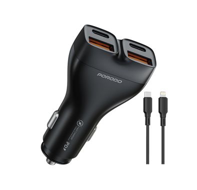 Porodo Dual Power Car Charger with USB-C to Lightning Cable, PD 30W, QC 18W, ×2 USB-A & ×2 USB-C Ports, 102W High Power Output, Fast Charging Technology, Smart Charging Protocols, Compact Design - Black