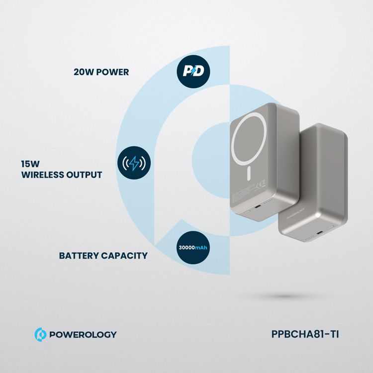 Powerology 30000mAh MagSafe Aluminum Power Bank with 20W Power Delivery, 15W Wireless Output, Li-Polymer Battery, Simultaneous Charging, Compact Design - Titanium