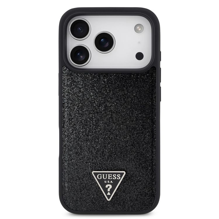 Guess MagSafe PU Leather Fixed Glitter Case with Triangle Logo for iPhone 17 Pro, Slim Profile, Easy Snap-On, Sustainable Packaging, Comfortable Grip, Drop Protection, Lightweight Design - Black