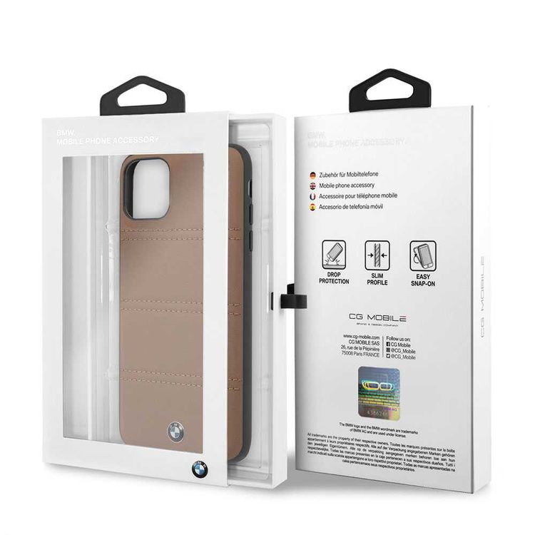 BMW Hard Case Leather Horizontal Lines Compatible w/ iPhone 11 Pro, Complete Protection, Easy Access to All Ports, Raised Edge to Protect Camera - Camel