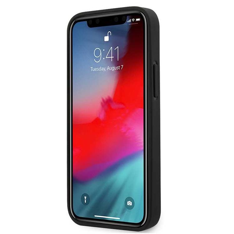 CG MOBILE Guess PU Iridescent "LOVE" Debossed Phone Case with Metal Logo Compatible for iPhone 12 Mini (5.4") Drop Protection Mobile Case Officially Licensed - Black