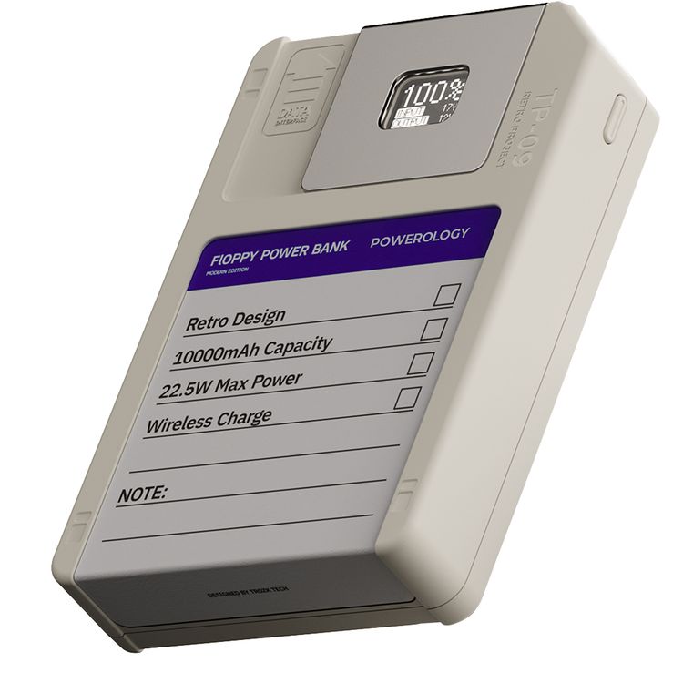 Powerology Floppydisk Retro 10000mAh MagSafe Powerbank with OLED Display Screen, Multi-Protocol Fast Charging, Universal Compatibility, 64GB Storage Capacity, High-Speed Data Storage, Fire-Resistant PC Material - White