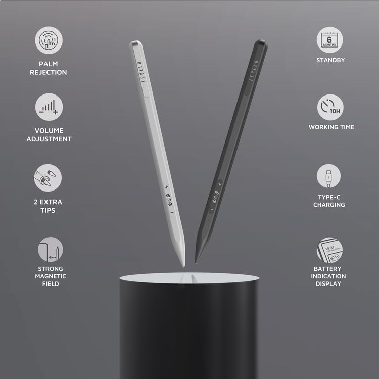 Levelo SkyWrite Versa Stylus Pen for iPad, 130mAh Battery Capacity, Aluminum Alloy & Polyoxymethylene Material, USB-C Charging Interface, <1 Hour Charging Time, 10 Hours Working Time, 6 Months Standby Mode, 2 Extra Tips, Strong Magnetic Field - Black