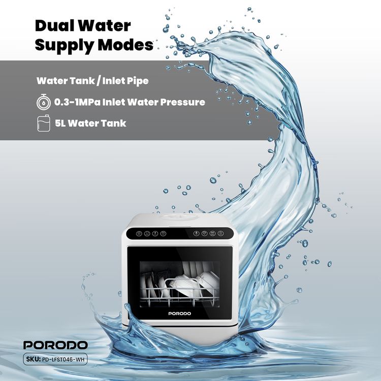 Porodo Lifestyle Counter-Top Dishwasher 220V, 5L Water Tank Capacity, 25L Space Capacity, Hot Air Drying, Hygienic Cleaning Power, UV Sterilization - White