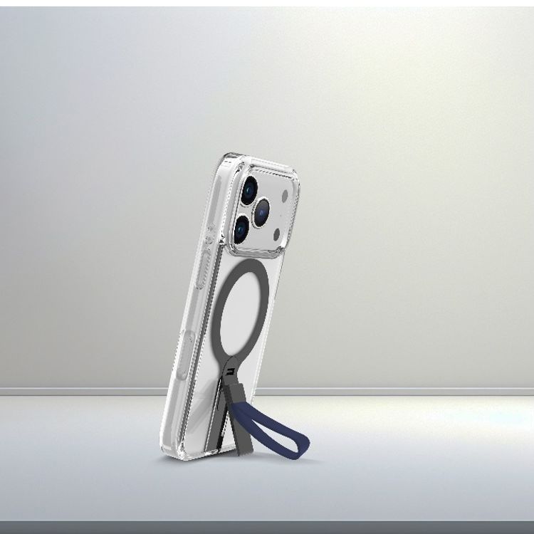 Levelo Spira MagSafe Clear Grip Case for iPhone 17 Pro, Strong Magnets, Horizontal & Vertical Viewing, Shock-Resistant Bumper, Anti-Scratch, 360° Rotating Metal Kickstand - Midnight Blue