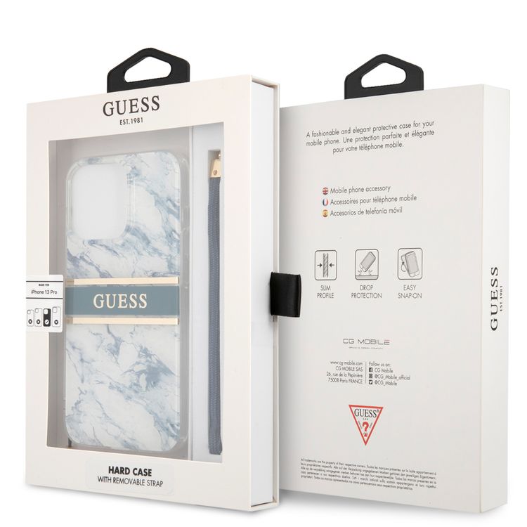 CG MOBILE Guess PC/TPU Case Marble Design & Stripe with Anti-Lost Nylon Strap for iPhone 13 Pro (6.1") Back Cover Suitable with Wireless Chargers Officially Licensed Blue