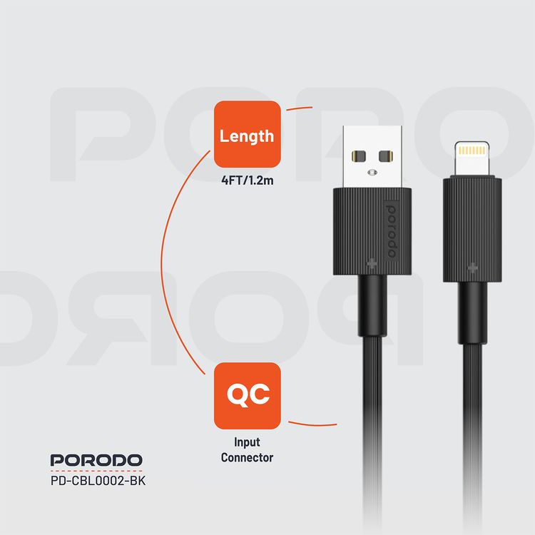 Porodo USB A to Lightning PVC Cable, 480Mbps, 2.4A Current, more than 15000 Bends Life Span, 1.2m Cable length, Tangle Free - Black