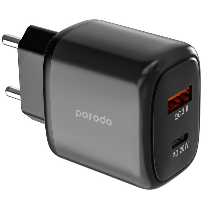 شاحن سريع مزدوج الإخراج من Porodo EU USB-C PD وUSB-A QC - أسود