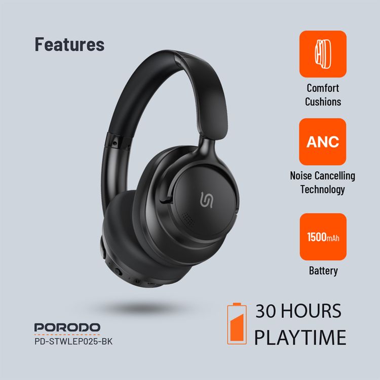 Porodo Soundtec Zen Active Hybrid Headphone with Noise Cancelling Technology, 30 Hours Play Time, Type-C Charging Port, 2 Hours Recharge Time, Comfortable Cushions - Black