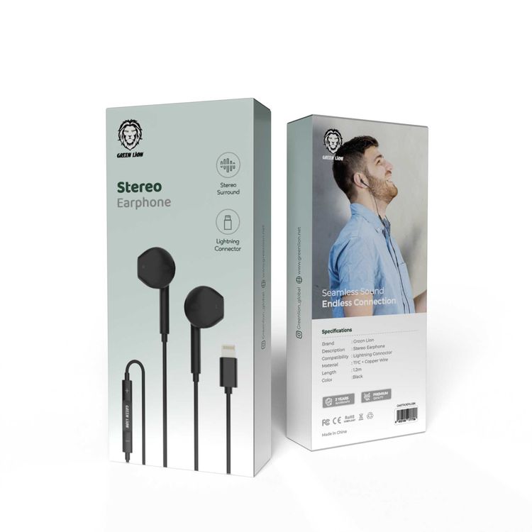 سماعات أذن سلكية استريو من Green Lion مع موصل Lightning، صوت استريو، أزرار تحكم، طول الكابل 1.2 متر، مصنوعة من مادة TPE وسلك نحاسي، حجم السماعة 14.2 مم - أسود