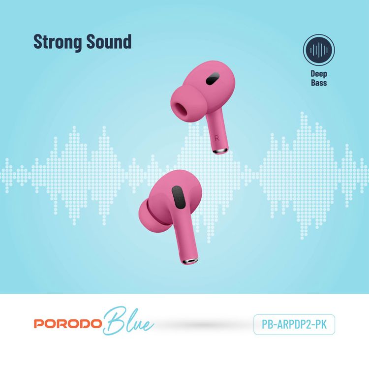 Porodo Blue Earbuds Pro 2 With Swipe Volume, 20 Hours Working Time, Wireless Charging, Deep Bass, Independent Earbuds, Touch Control - Pink