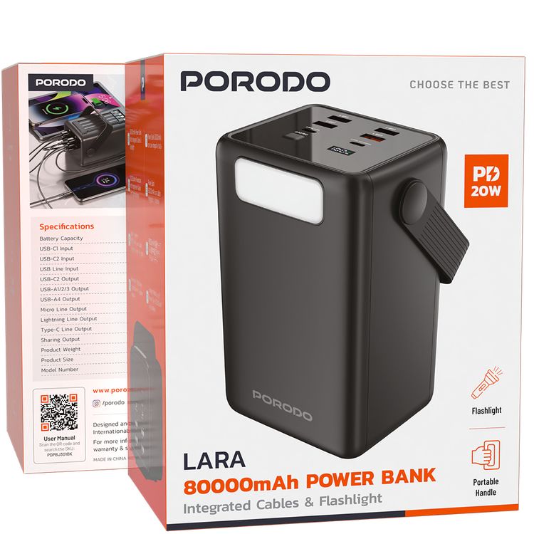 Porodo Lara 80000mAh Power Bank with Flashlight, Portable Handle, PD 20W, Fast Charging, ×2 USB-A & USB-C & Micro Ports, 4 Integrated Cables, Universal Compatibility - Black