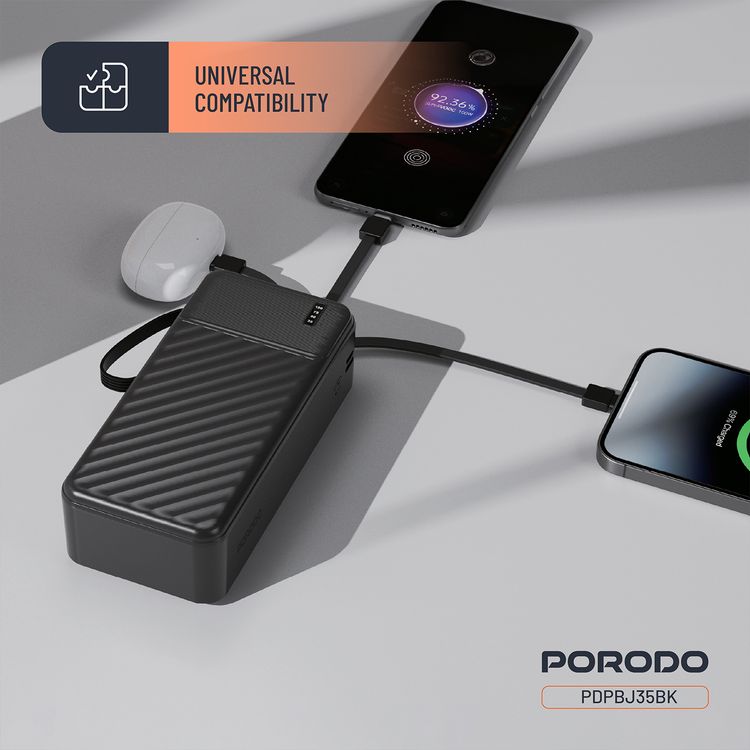 Porodo Piano 30000mAh Power Bank with Flashlight, Portable Handle, Phone Stand, 4 Integrated Cables, USB-A & USB-C & Micro Ports, Fast Charge Support, Universal Compatibility - Black