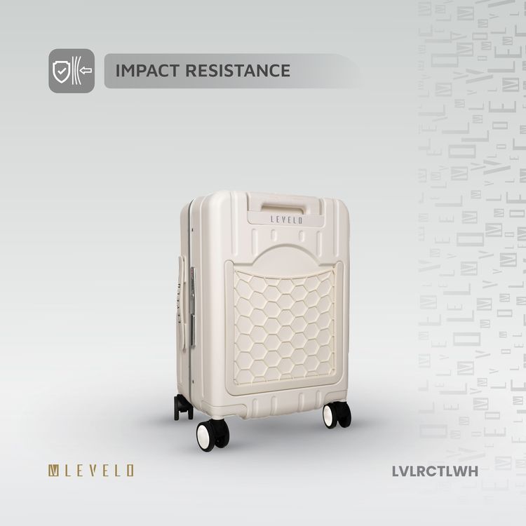 Levelo RoamCruiser 20" Travel Luggage with Detachable Kid Holder, Impact Resistance, PC & Aluminum Material, 50kg Weight Capacity, Silent Wheels, Hypoallergenic Interior, 2 Fusion Telescopic Handles, Integrated Wheel Locks, Built-in Document Holder - White