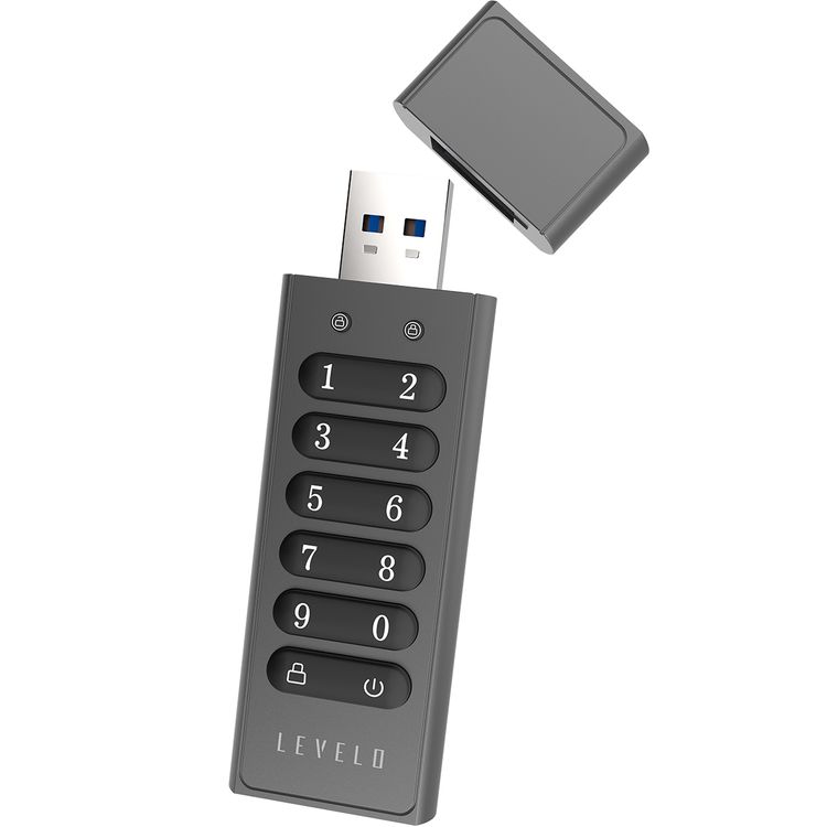 Levelo Lockvault Digital 128GB Encrypted USB Flash Drive with USB-A 3.1 Gen 1 Connector, 160MB/s Reading Speed, 120MB/s Writing Speed, AES256 Encryption Method - Gray