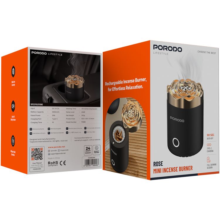 Porodo Rose Mini Incense Burner with 90 Seconds Auto-Off, 1800mAh Battery Capacity, Type-C Charging Port,×15 Full Burning Session Working Time, 1 Hour Charging Time, Whisper-Quiet Operation - Black