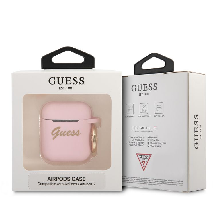 حافظة CG MOBILE Guess مطبوعة من السيليكون مع حلقة مضادة للفقد متوافقة مع إیر بودز 1/2، مقاومة للخدش، ممتصة للصدمات وغطاء حماية من السقوط مرخص رسميًا - وردي فاتح