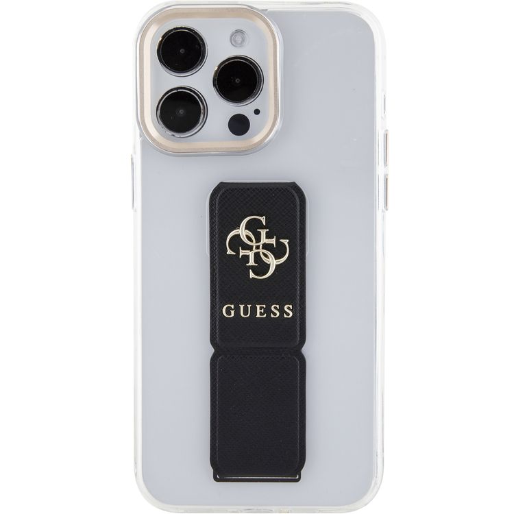 Guess Gripstand Clear Case with Saffiano Grip Leather & 4G Logo for iPhone 15 Pro Max -Black - أسود