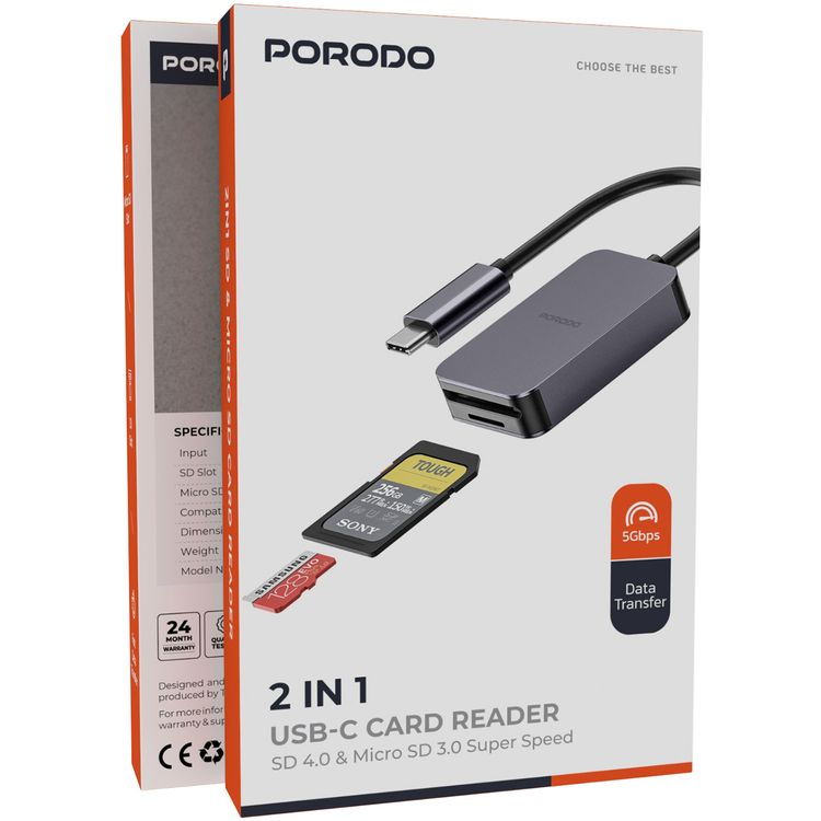Porodo 2-in-1 USB-C Card Reader with Type-C Input, SD V4.0 & Micro SD V3.0 Super Speed Slots, 5 Gbps Data Transfer Speed, Super Lightweight and Portable - Gray 
