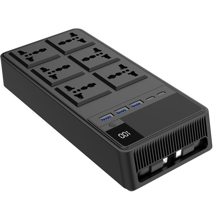 Powerology 2500W Power Strip with 6 AC Sockets & Built-in Retractable Cables, 5 USB Ports, USB-C & Lightning Outputs, Built-in Safeguards, Fire-Proof Material, 24H Timer, Simultaneous Charging, 70cm Cables Length & 3m Power Cord Length - Black