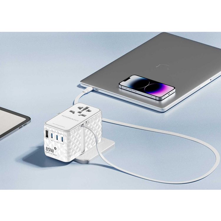 Powerology Universal 85W Super Charger with Retractable Type-C Cable, 70W Power Delivery, GaN Technology, Simultaneous Charging, Spare Fuse Included - White