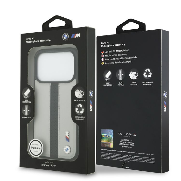 BMW PU Leather Case with Perforated Stripes & Metal Logos for iPhone 17 Pro, MagSafe Compatible, Sustainable Packaging, Drop Protection, Slim Profile, Easy Snap-On Design - Gray / Black